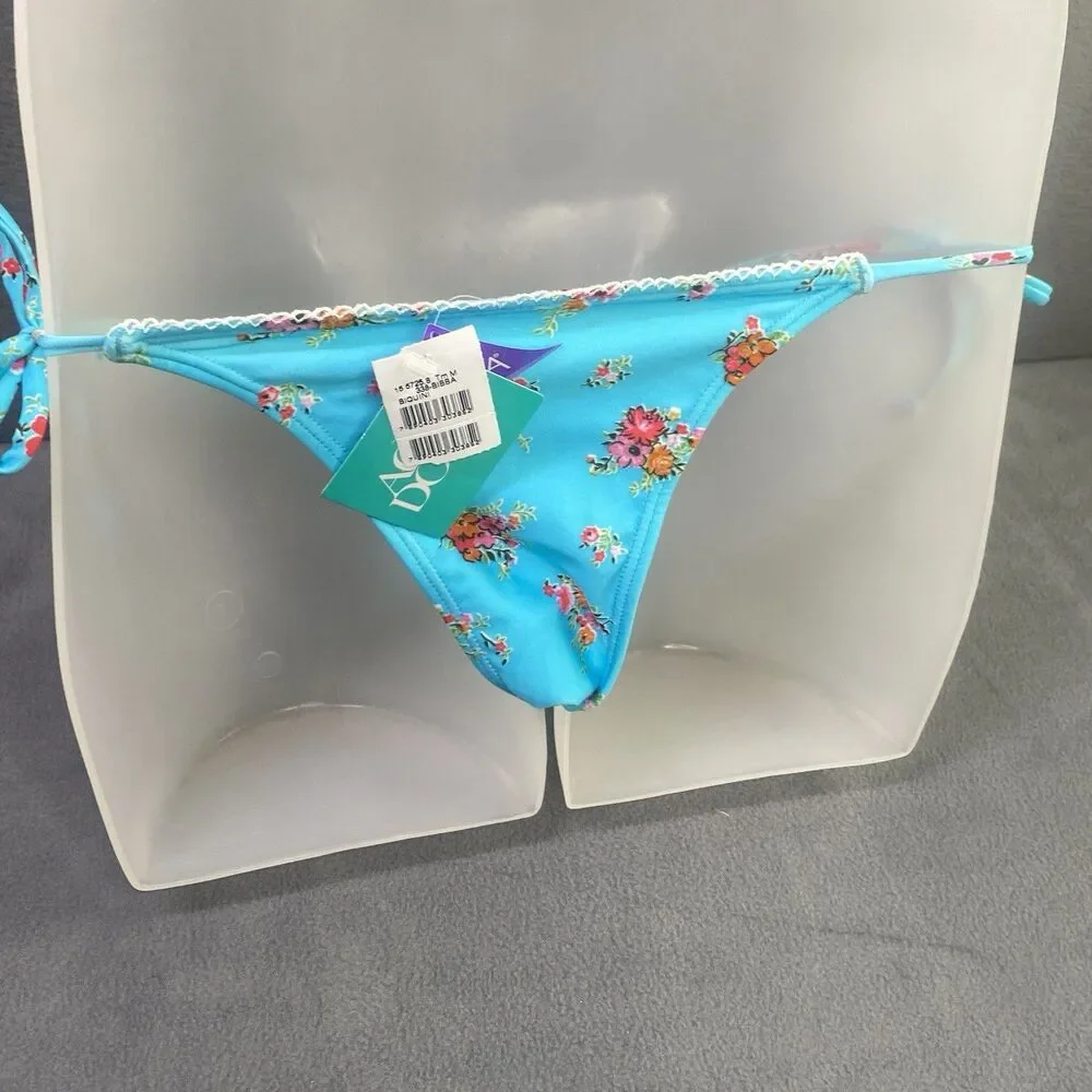 AGUA DOCE Brazilian 2-pc Bikini Size Large Blue Flowers Lace Trim Hip Tie
